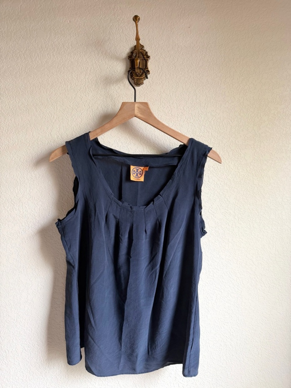 Tory Burch Navy Sleeveless Pleated Front Silk Tank